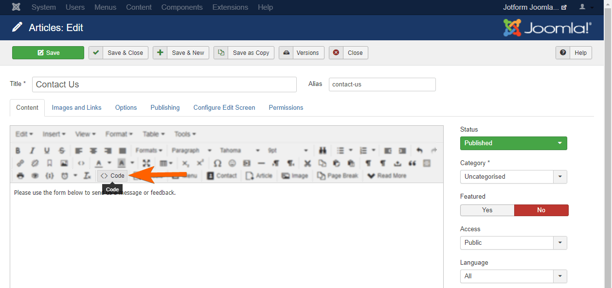 Capture d'écran de l'éditeur Joomla 3 avec une flèche vers le bouton Code