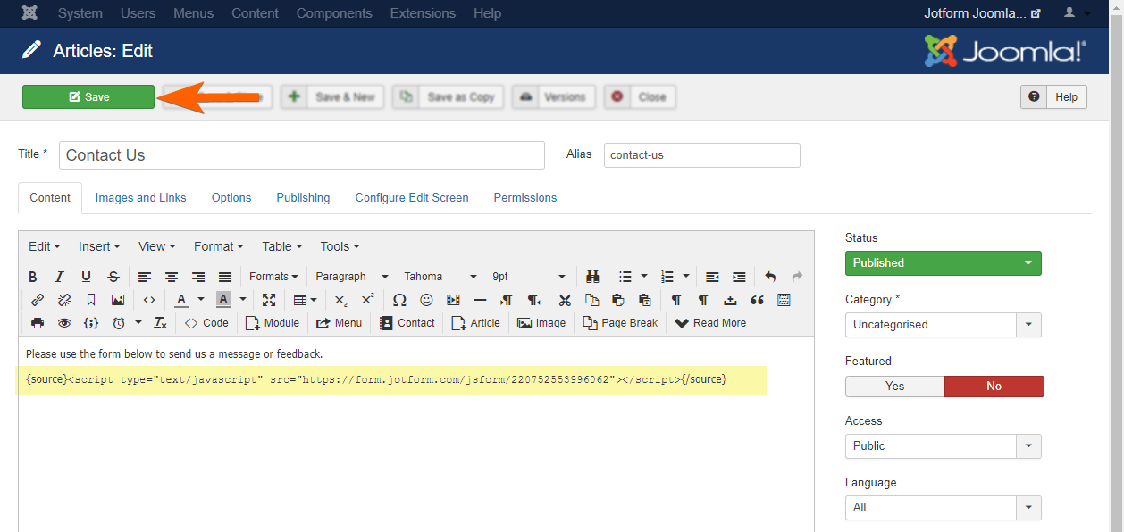 Capture d'écran de l'éditeur d'articles Joomla 3 avec une flèche pointant vers le bouton Enregistrer
