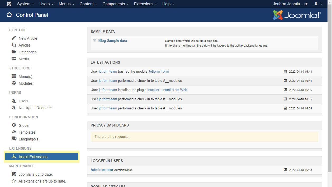 Capture d'écran du panneau de contrôle Joomla montrant l'option « Installer des extensions » dans Joomla 3
