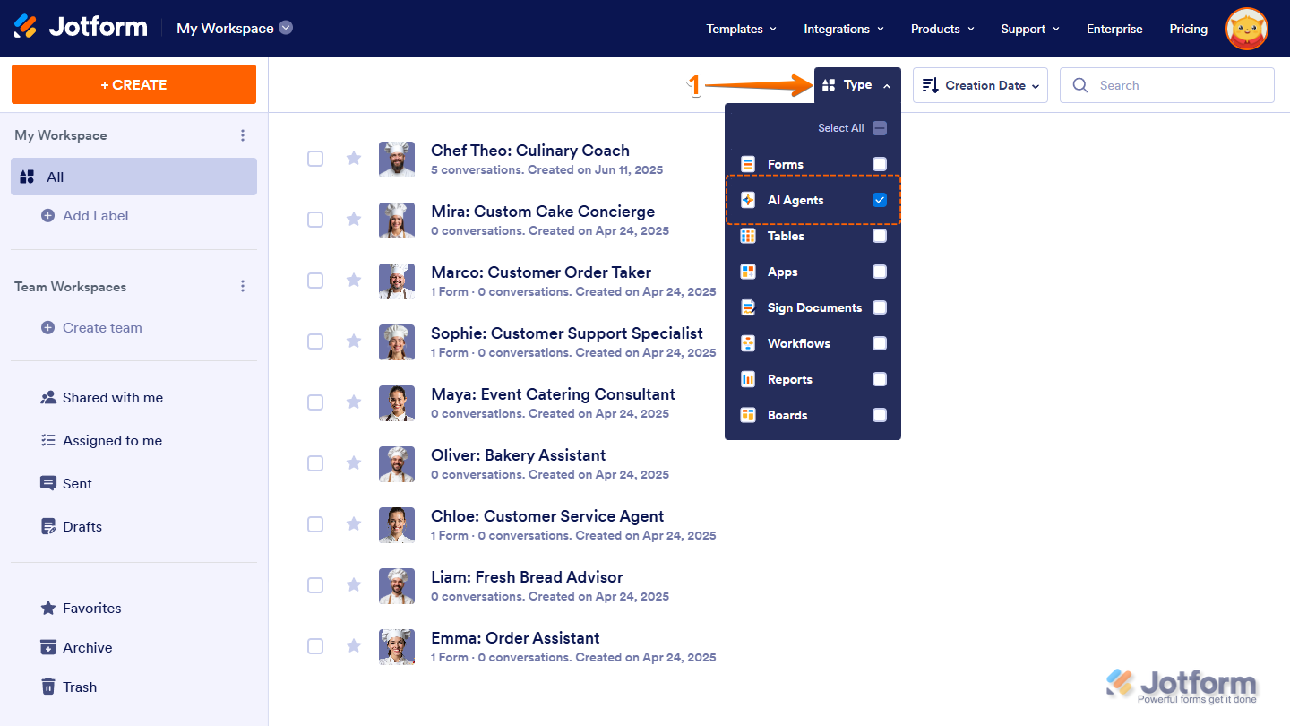Filtering by Agents only on the My Workspace page in Jotform by adjusting the Type dropdown
