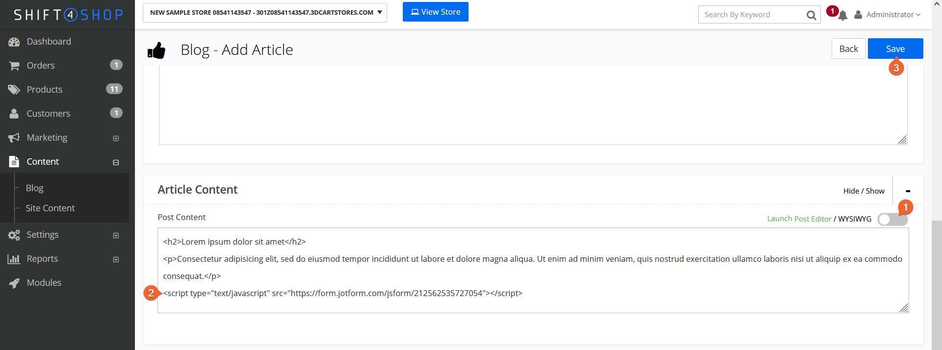 Capture d'écran de la page d'article de blog du tableau de bord Shift4Shop  avec le contenu de l'article
