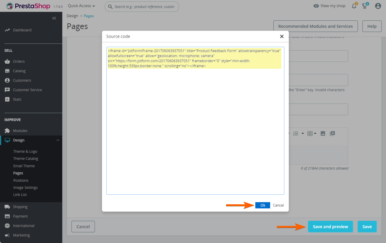 Capture d'écran montrant comment intégrer le code du formulaire dans Page content et la fenêtre Source code du tableau de bord PrestaShop
