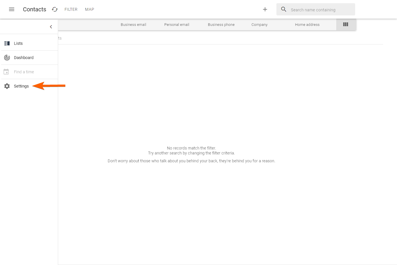 Capture d'écran du tableau de bord du compte Web Solve360 avec une flèche pointant vers le bouton Paramètres dans le volet de gauche