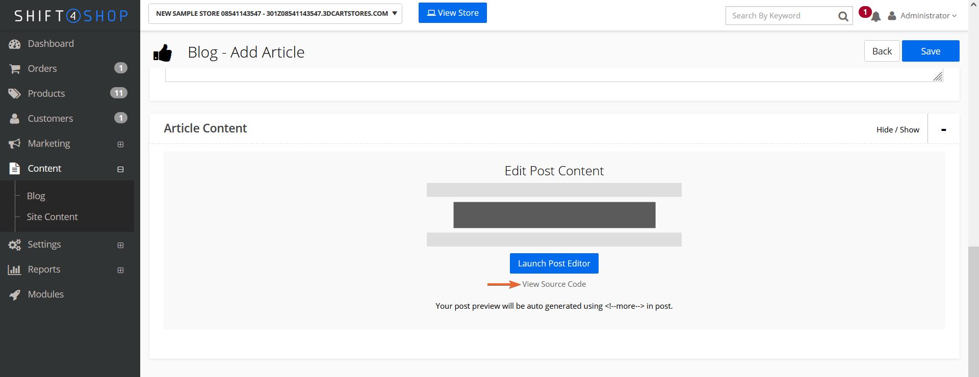 Capture d'écran du tableau de bord Shift4Shop avec une flèche pointant vers Afficher le code source
