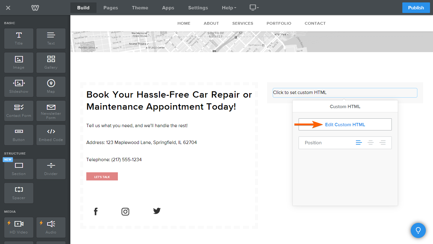 Capture d'écran montrant le bouton « Modifier le code HTML personnalisé » dans la fenêtre « Code HTML personnalisé » de l’éditeur de site Weebly