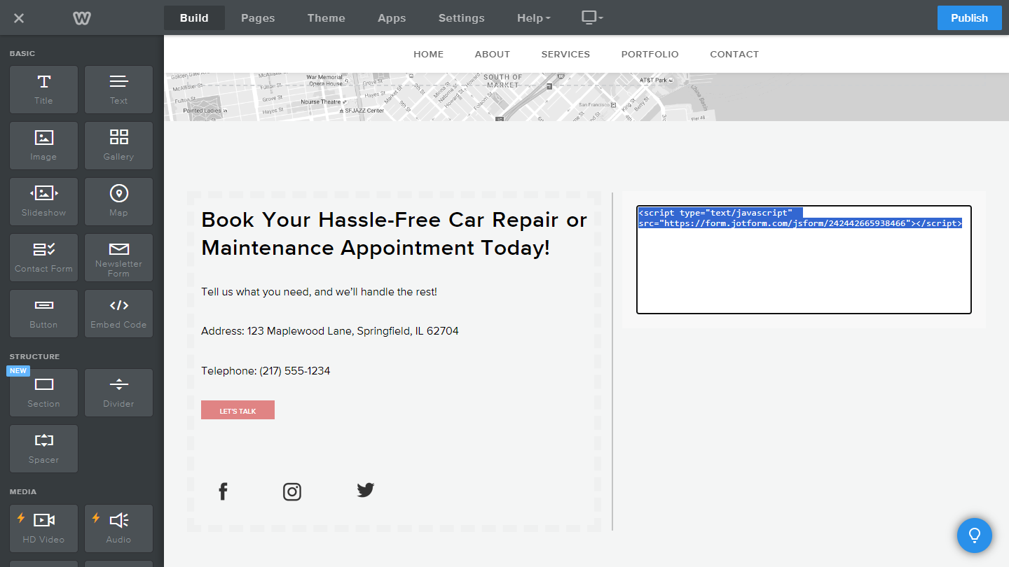 Capture d'écran montrant comment intégrer les codes Jotform dans la fenêtre HTML personnalisé de l'éditeur de site Weebly