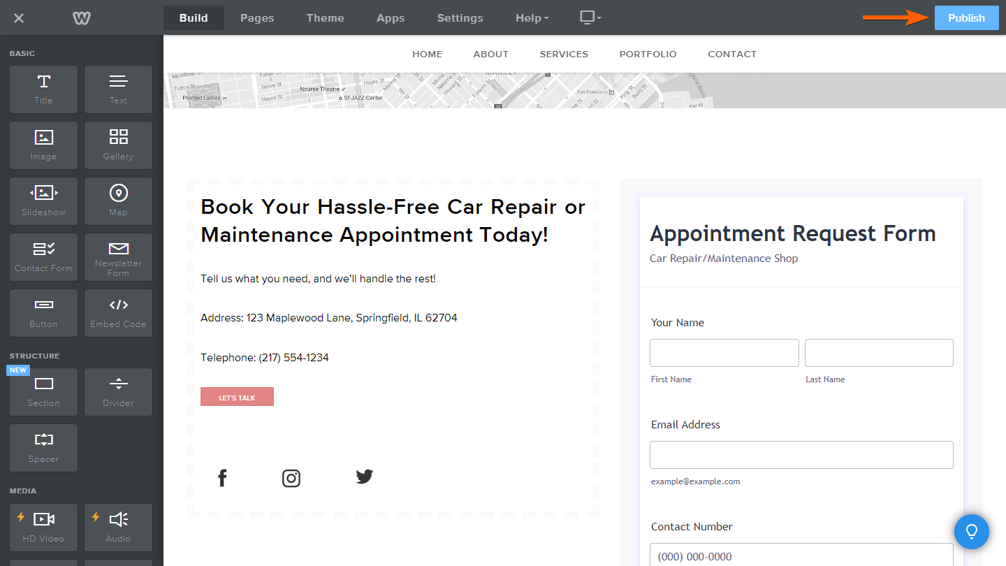 Capture d'écran montrant le bouton Publier dans l'éditeur de site Weebly