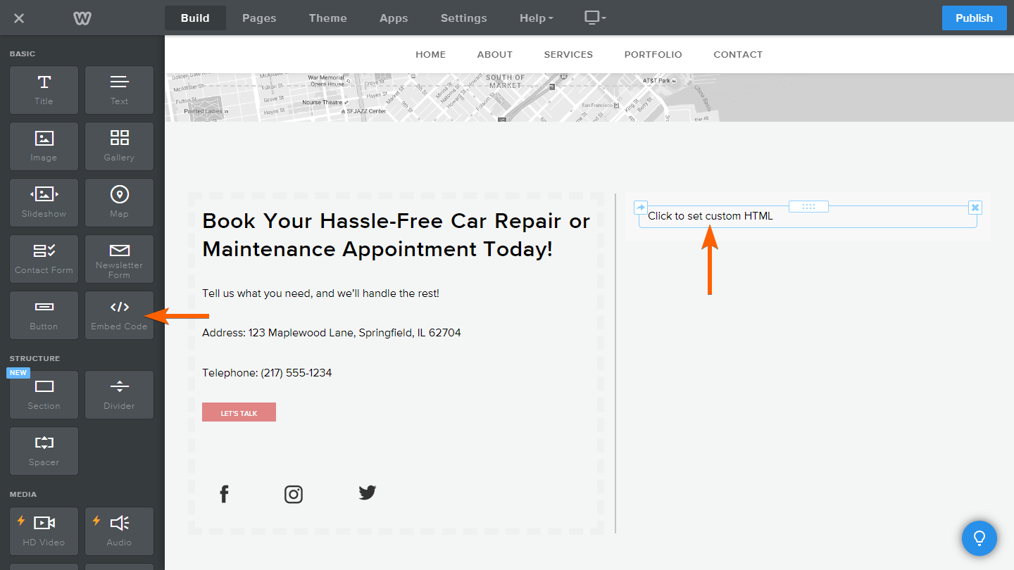 Capture d'écran de l'éditeur de site Weebly montrant comment intégrer un élément de code