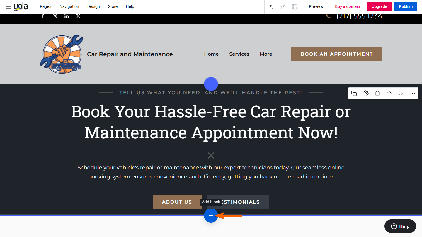 Capture d'écran de la page de Yola avec une flèche pointant vers l'icône représentant un signe Plus