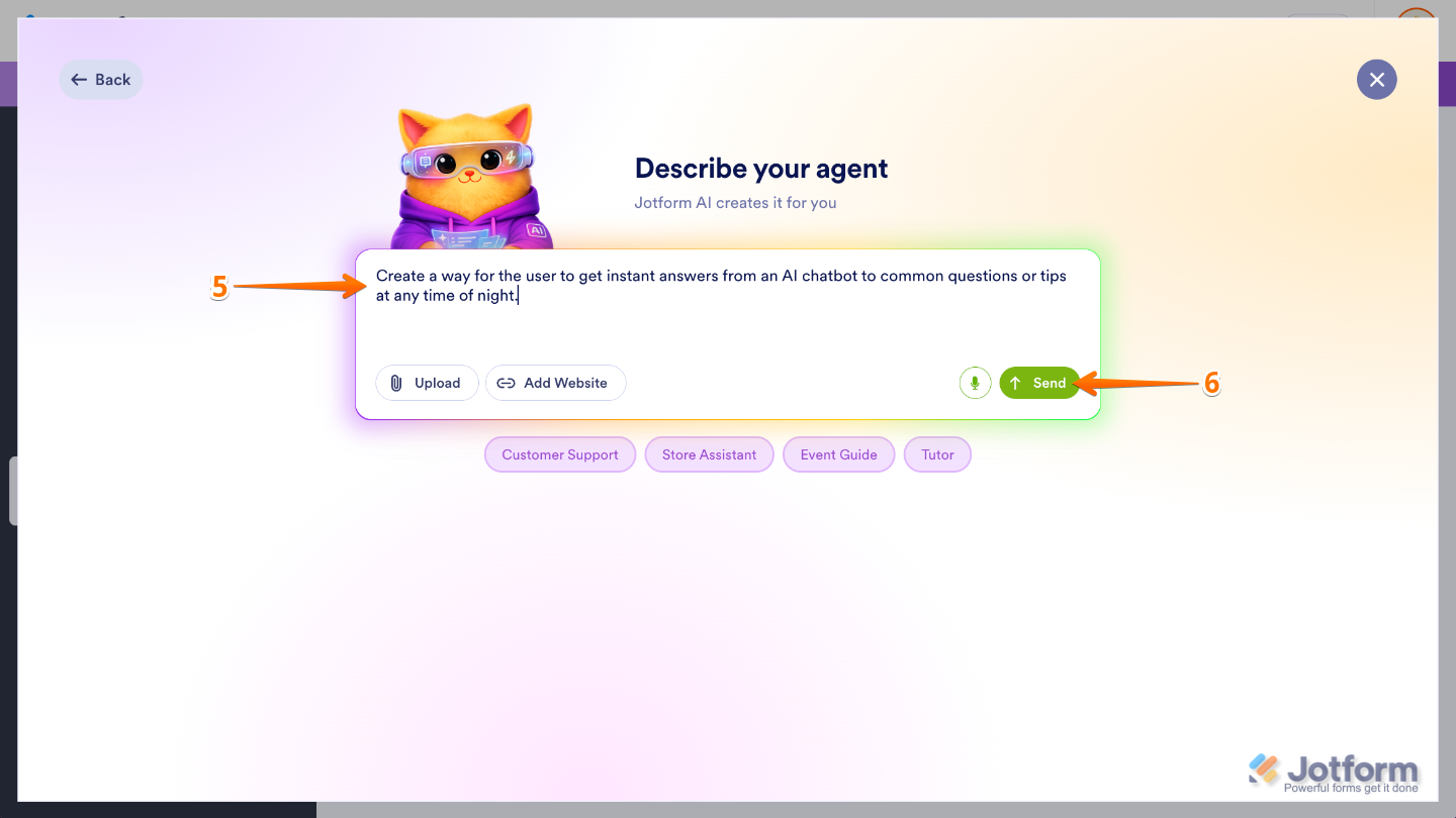 Entering a description for a new AI Agent on the Describe the Agent page in Jotform