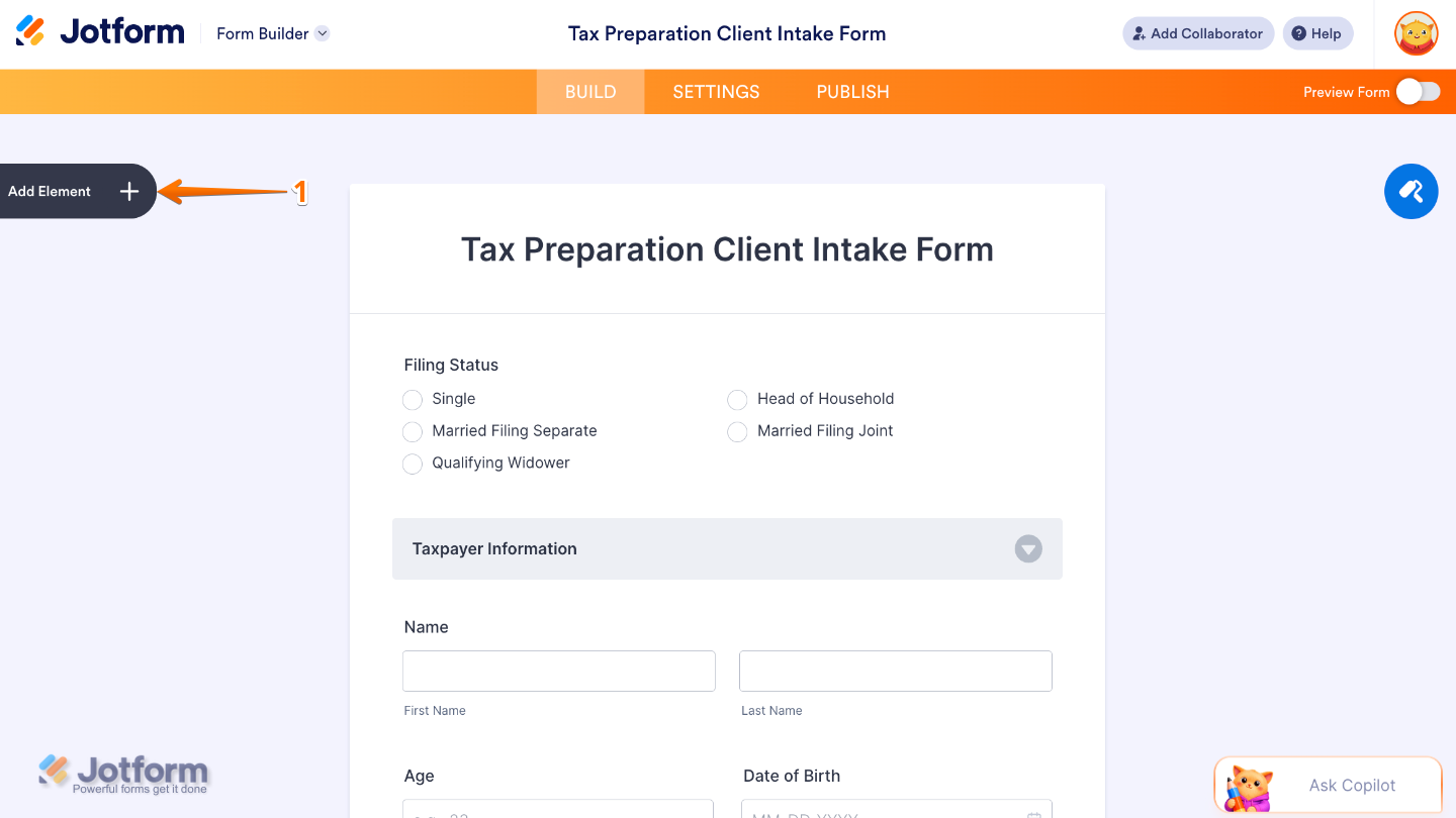 Form Builder showing the cursor hovering over the Add Form Element button on the left sidebar