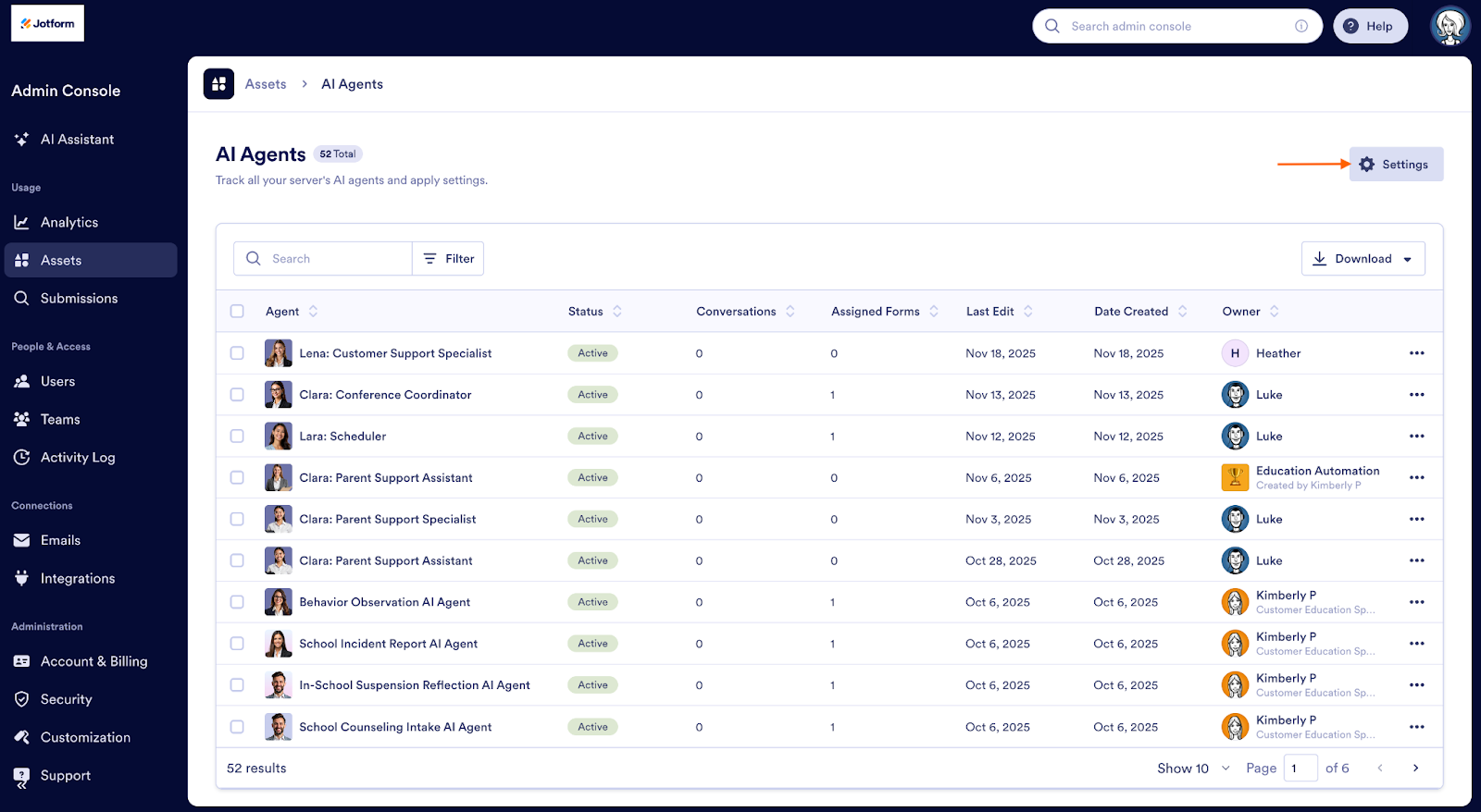 Clicking on the Settings button on the Admin Console page