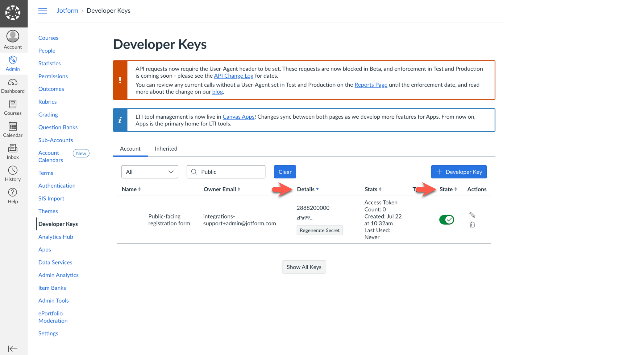 Visualizando a coluna Detalhes e o botão de alternância de Estado na página Developer Keys