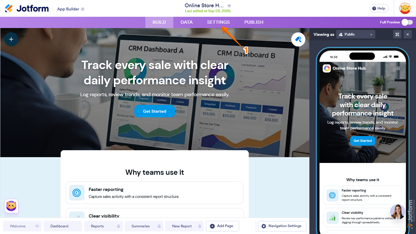 Jotform App Builder with the Settings option visible in the purple navigation bar at the top of the page