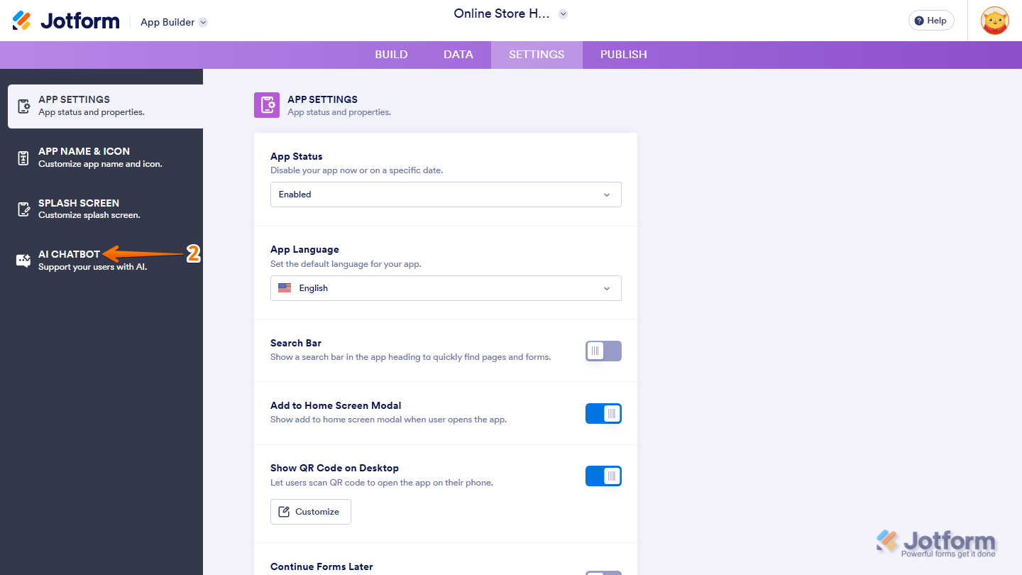 Jotform App Builder Settings page with the AI Chatbot option visible in the left-side menu