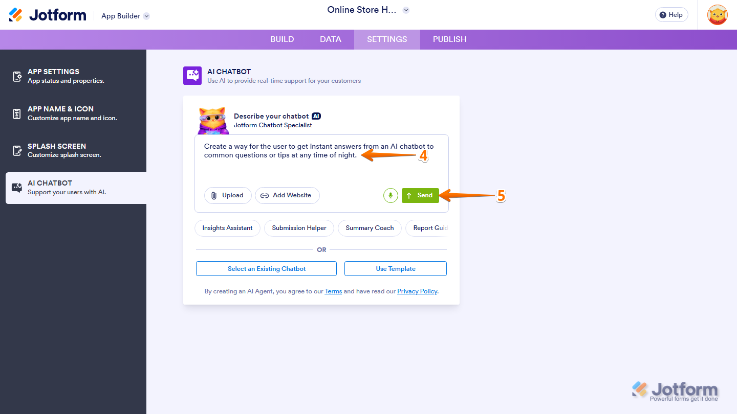 Jotform App Builder AI Chatbot setup screen showing the description box and suggested prompts for creating an AI Agent, with the Send button available to submit the request