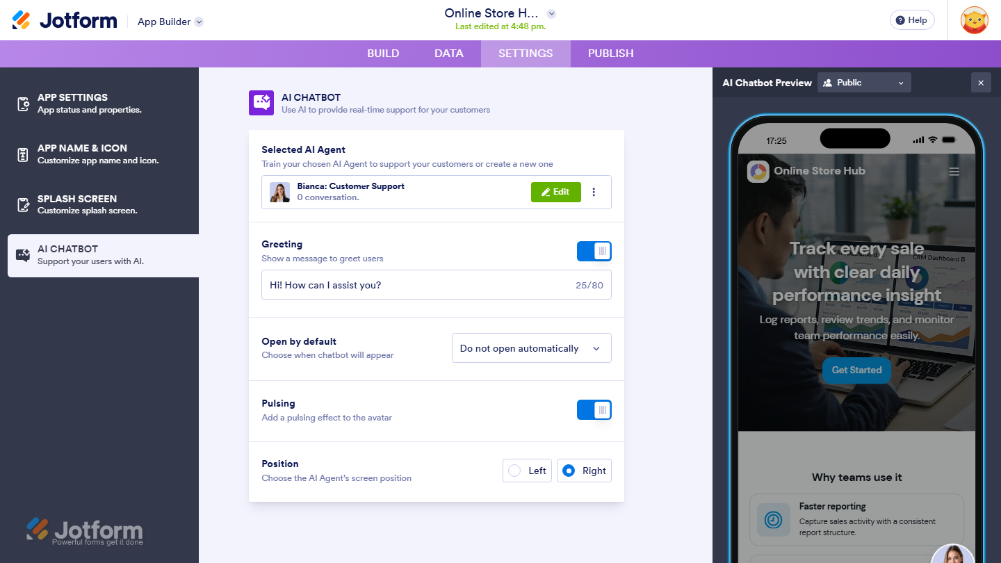 Jotform App Builder showing the successfully added AI Agent within the Jotform App