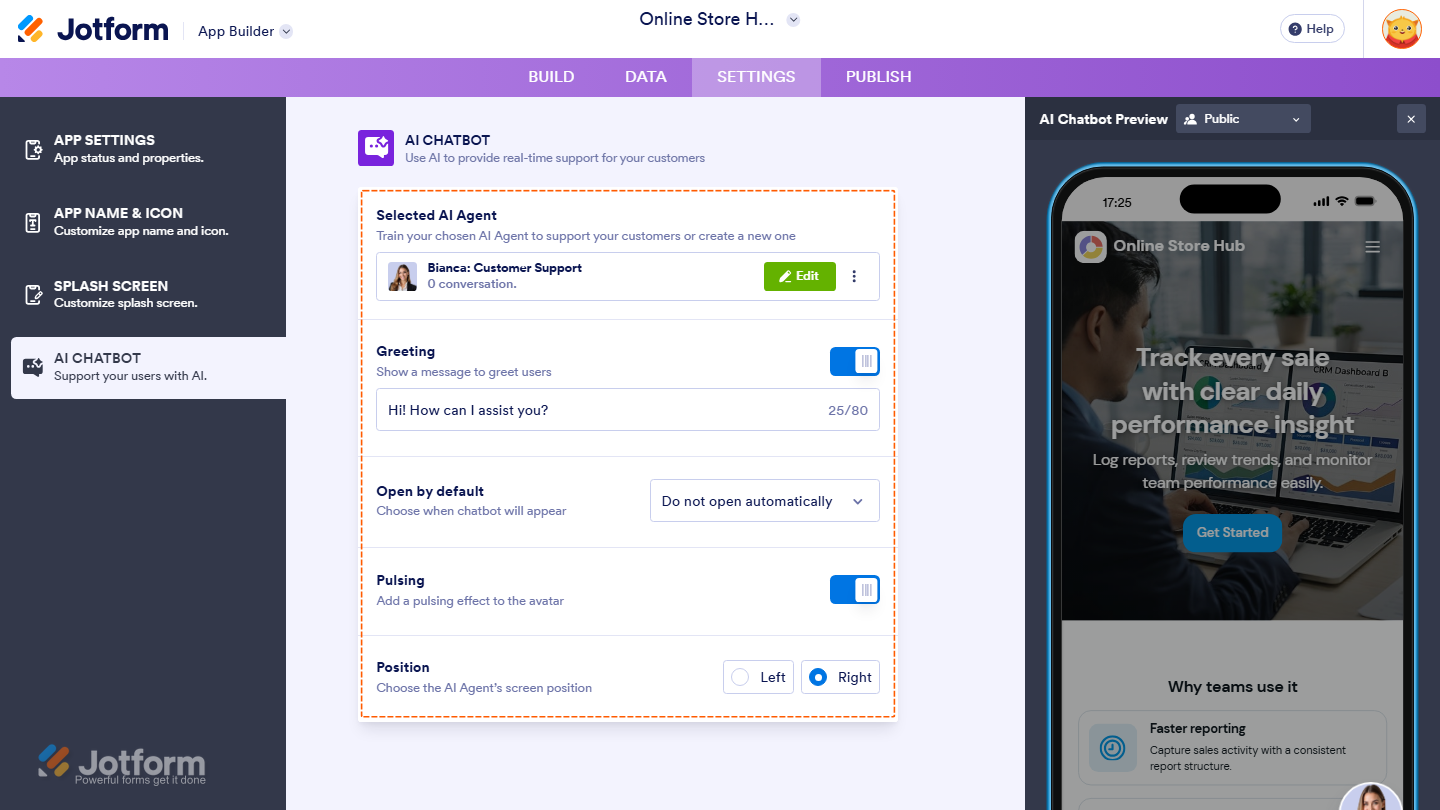 Jotform AI Chatbot Settings showing customization options for Greetings, Open by Default, Pulsing, and Position to control the chatbot’s message, behavior, animation, and screen placement