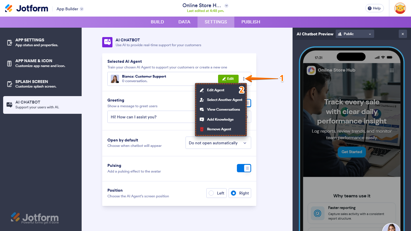 Jotform AI Chatbot Settings dropdown menu showing options to Edit the Agent, Select Another Agent, View Conversations, Add Knowledge, and Remove Agent