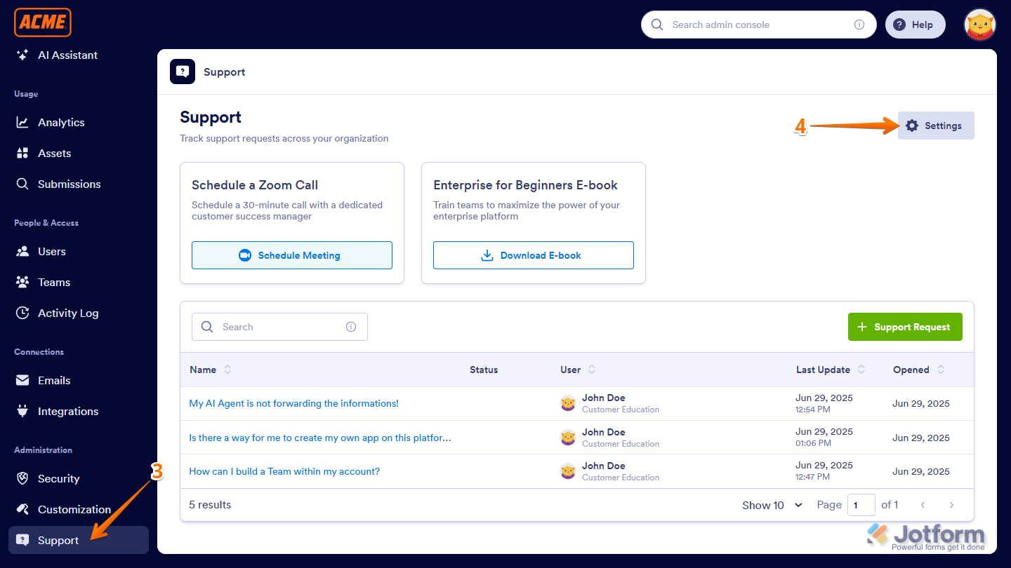 Settings button in the Support page of the Admin Console in Jotform Enterprise