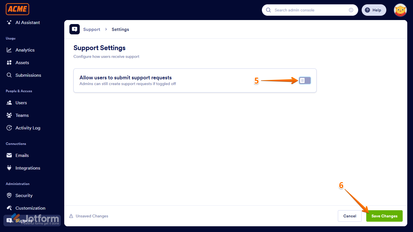 Allow Users to Submit Support Requests toggle in the Support page of the Admin Console in Jotform Enterprise