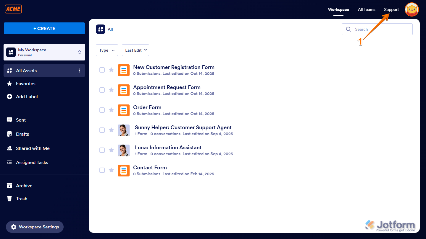 Support menu in Jotform Enterprise