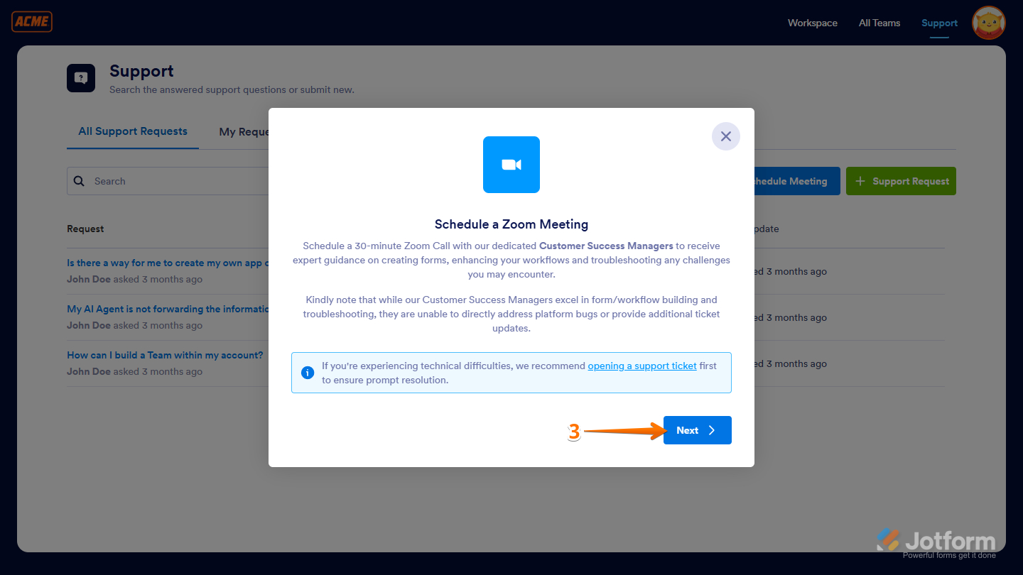 Schedule a Zoom Meeting window in the Support page of Jotform Enterprise