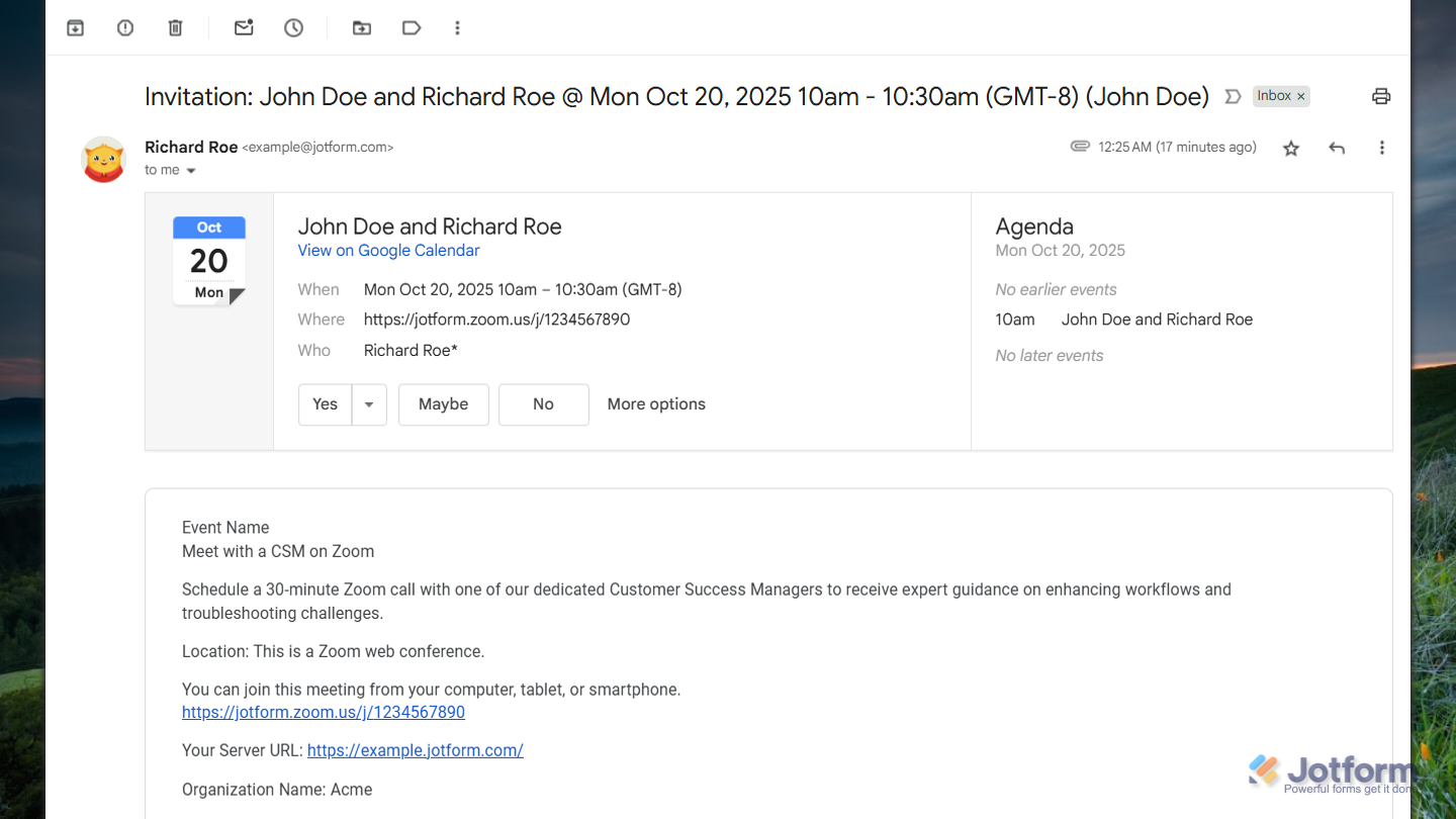 Confirmation email of a scheduled Zoom meeting in Jotform Enterprise