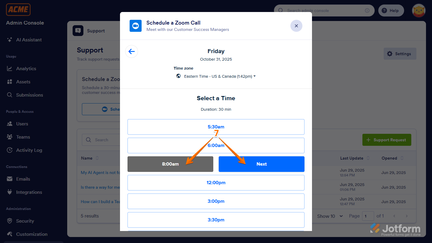 Selected date and Next button in the Schedule a Zoom Call window in the Support page of the Jotform Enterprise Server