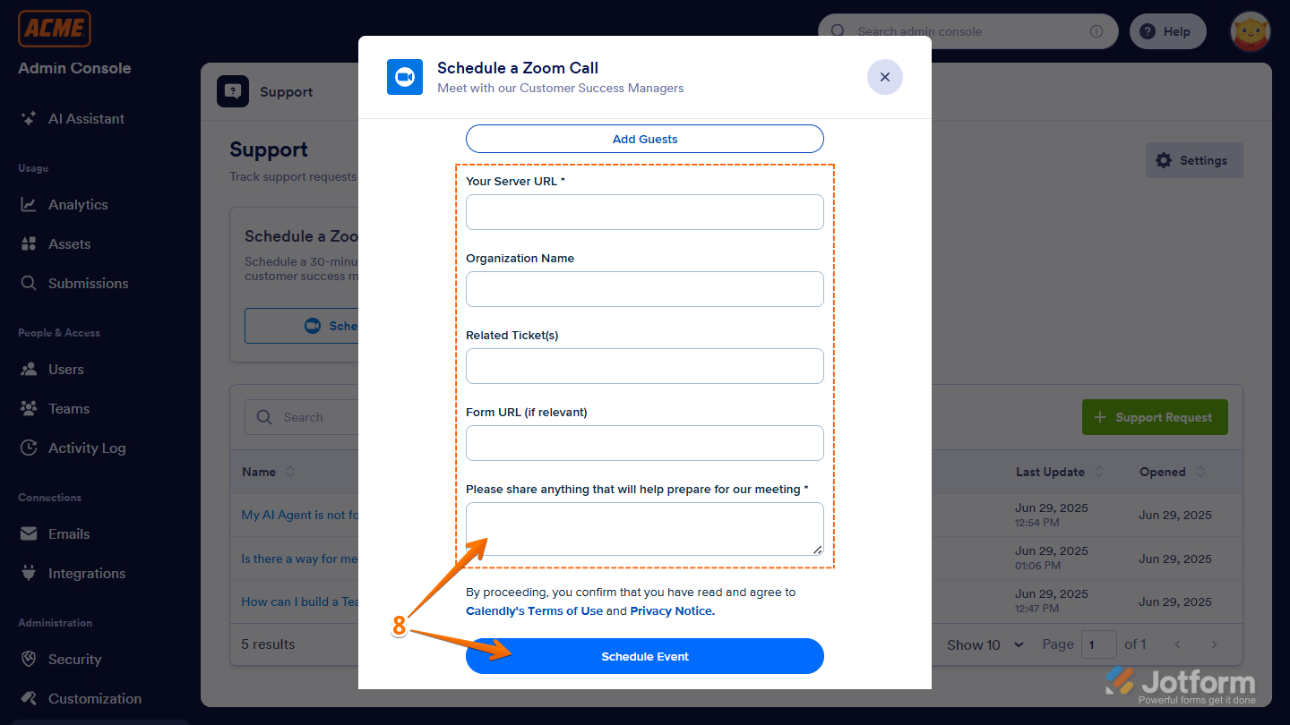 Schedule Event button in the Schedule a Zoom Call window in the Support page of the Jotform Enterprise Server