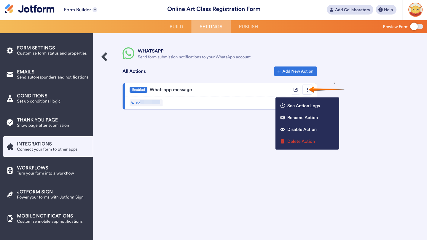 Form integration list showing a saved integration with Edit and More Options icons visible when hovering