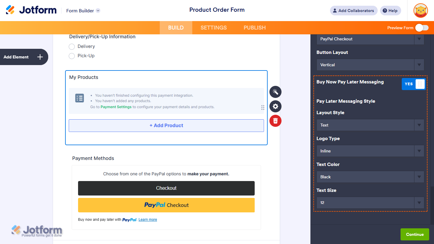 Customizing Buy Now Pay Later messaging with layout, logo, text color, and size options in Jotform PayPal Integration