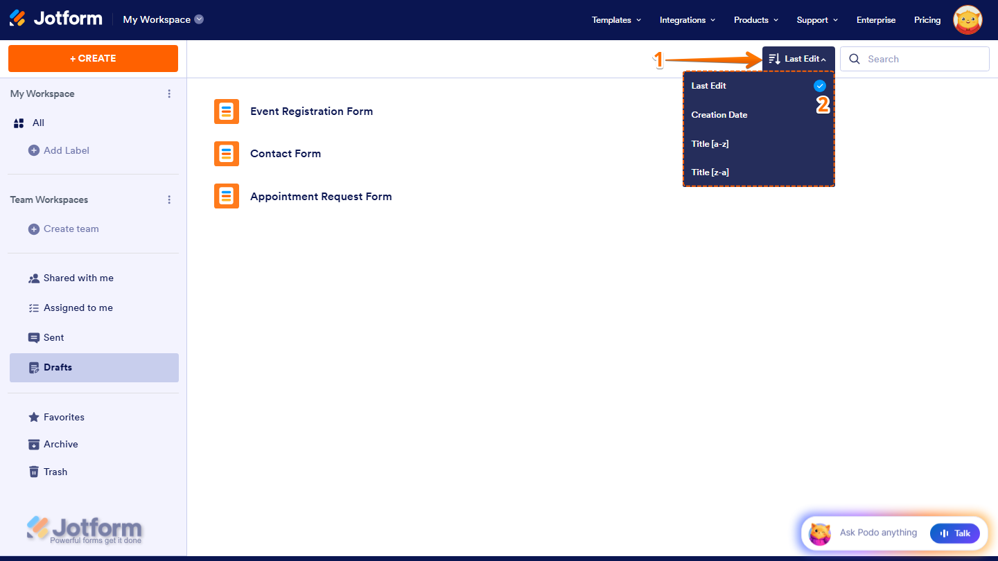 Jotform Workspace Drafts tab showing the Sort dropdown menu with options for Last Edit, Creation Date, Title (A–Z), and Title (Z–A) to organize saved drafts