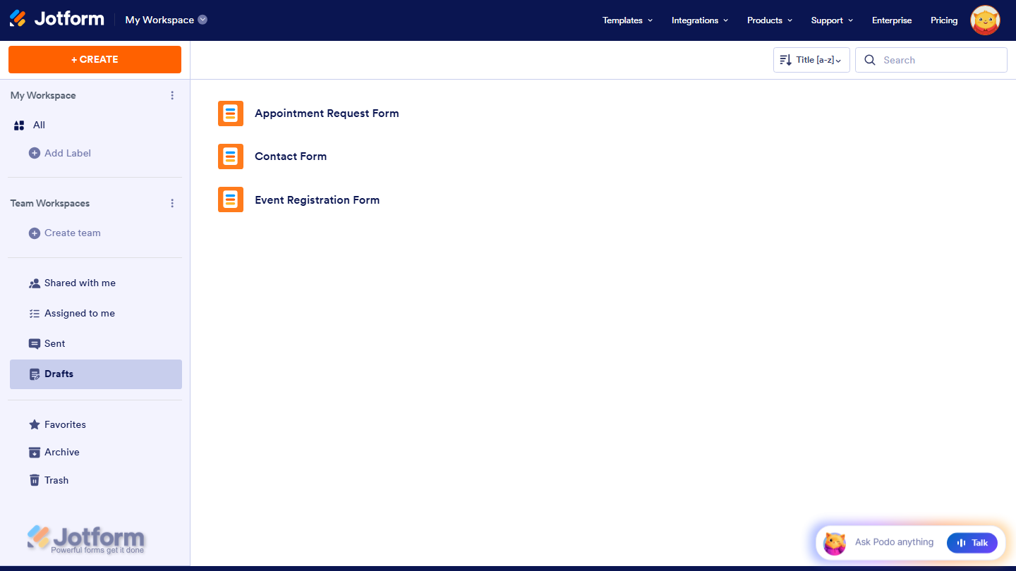 Jotform Workspace Drafts page displaying forms that were saved but not yet submitted, with saved drafts available only when the form owner has enabled the Save button