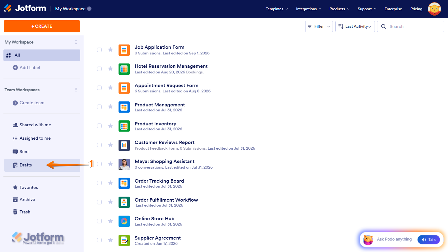 Jotform Workspace page with the Drafts option highlighted in the left-side menu, showing where to access saved draft forms