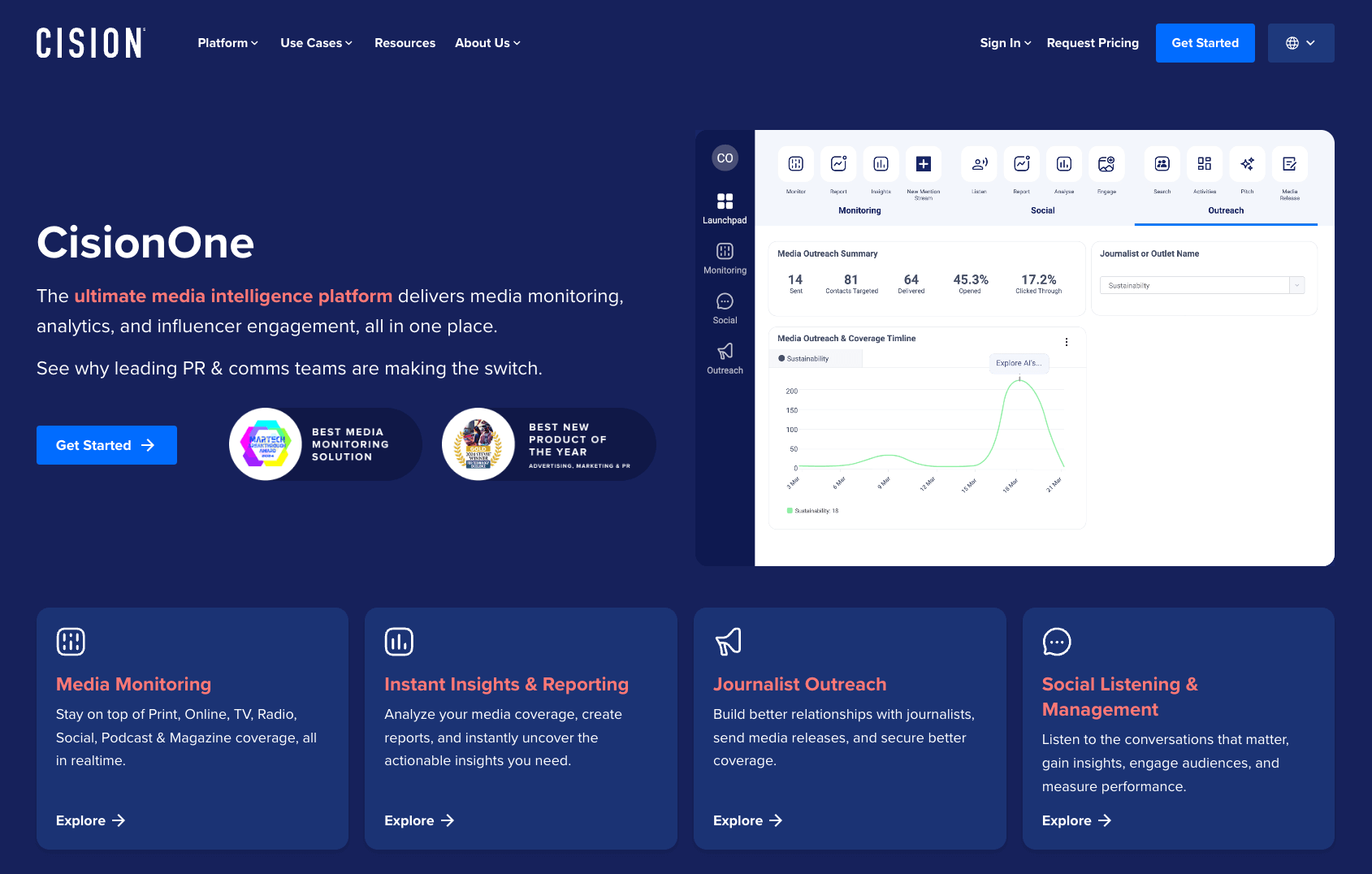 screenshot of cision website homepage introducing CisionOne the ultimate media intelligence platform