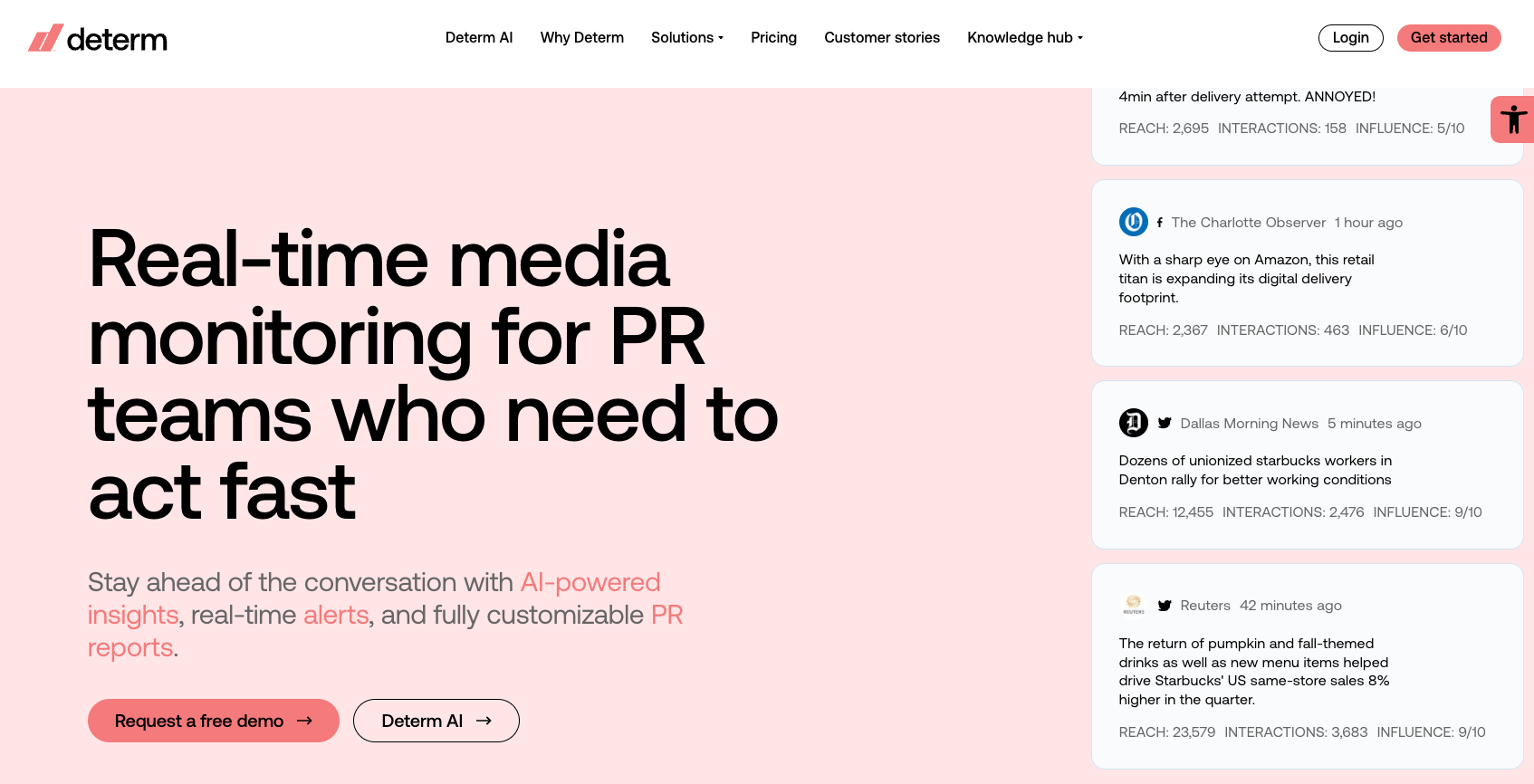 screenshot of determ website homepage with the words real time media monitoring for PR teams who need to act fast