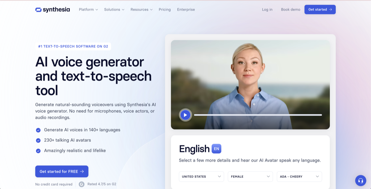 Synthesia website page with the words: "AI voice generator and text-to-speech tool"