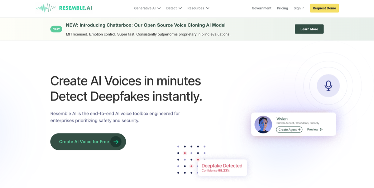 Resemble website page with the words: "Create AI Voices in minutes