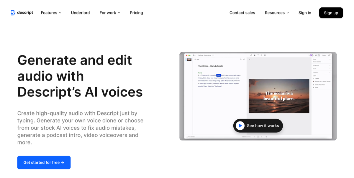 Descript website page with the words: "Generate and edit audio with Descript's AI voices"