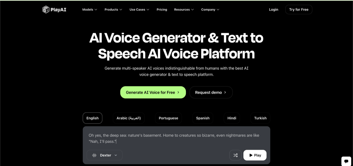 PlayAI website page with the words: "AI Voice Generator & Text to Speech AI Voice Platform"