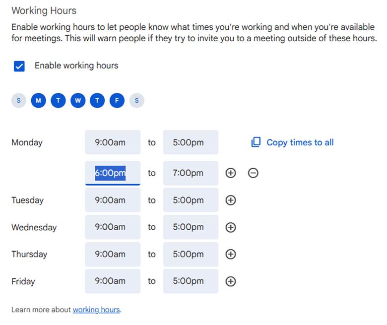 Google Calendar Working Hours