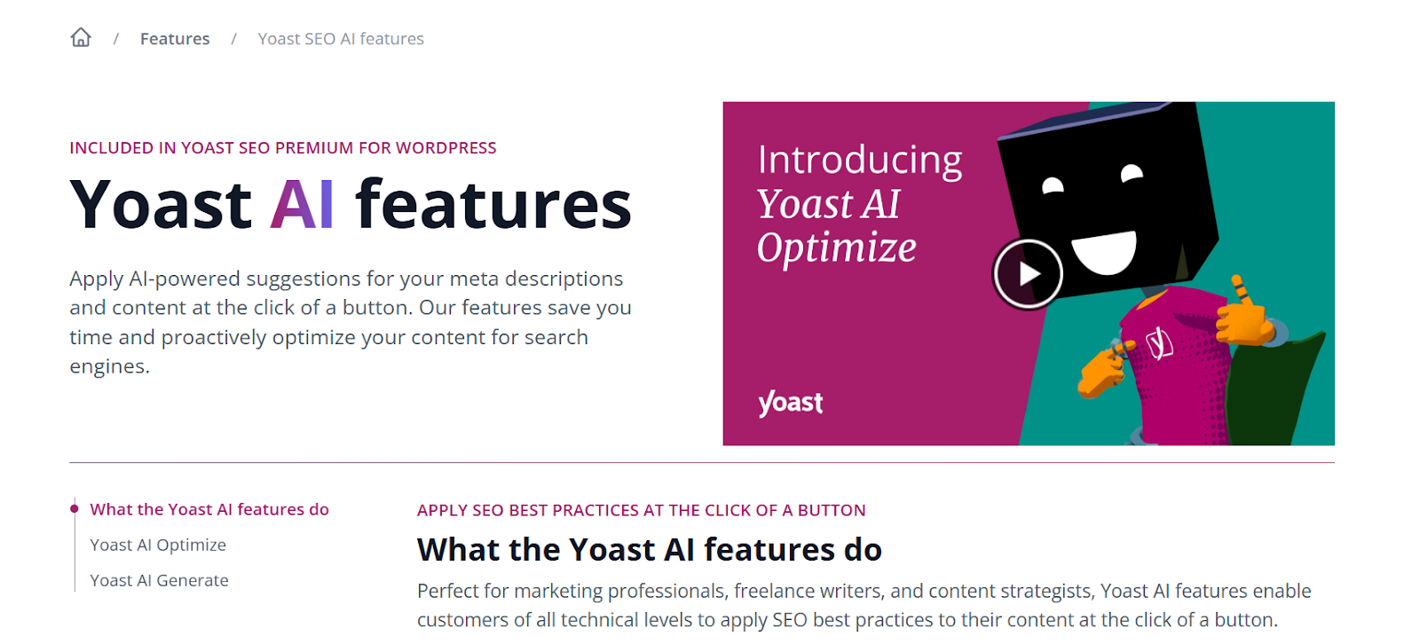 Yoast AI website page with the words, "Apply AI-powered suggestions for your meta descriptions and content at the click of a button"