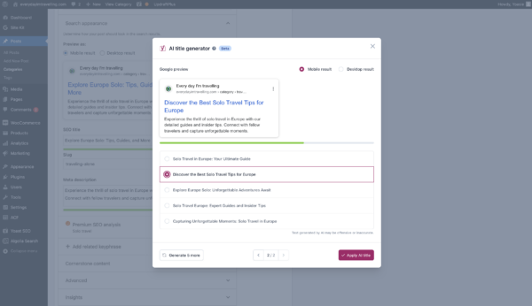 Yoast SEO's AI title generator for category pages with a mobile preview for Google