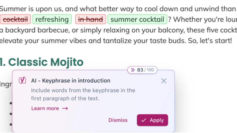 Yoast SEO interface showing AI keyphrase suggestions