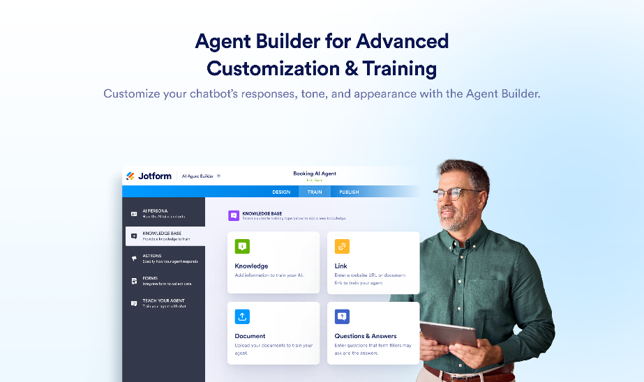Jotform AI Chatbot plugin website page with the words, "Agent Builder for Advanced Customization & Training"