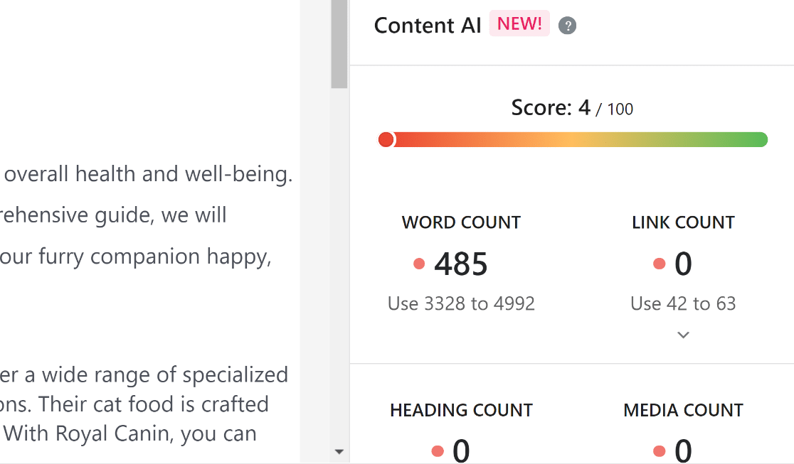 Rank Math Content AI interface showing the content score