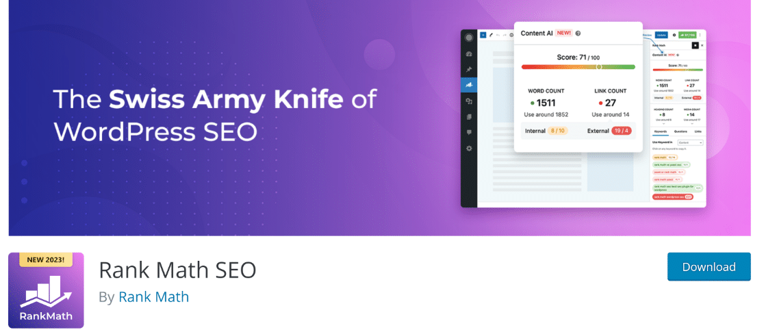 Rank Math website page with the words, "The Swiss Army Knife of WordPress SEO"