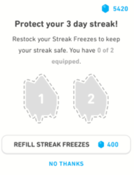 Duolingo image warning the user to protect their 3 day strike of learning a new language