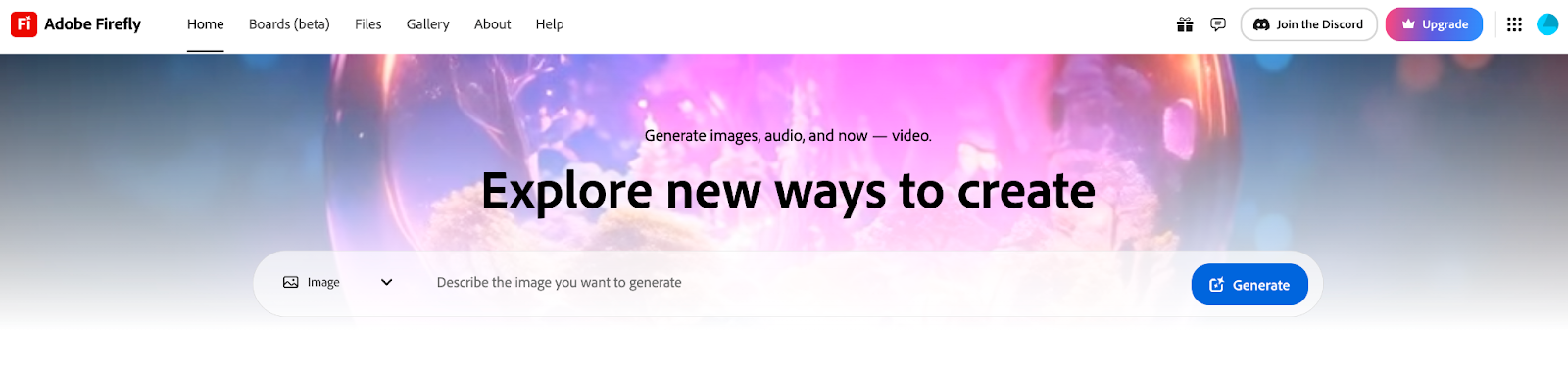 Landing page of Adobe Firefly